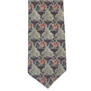 333 New York 100% Silk Paisley  Floral Stripe Tie - Green Cream Peach Pink Roses